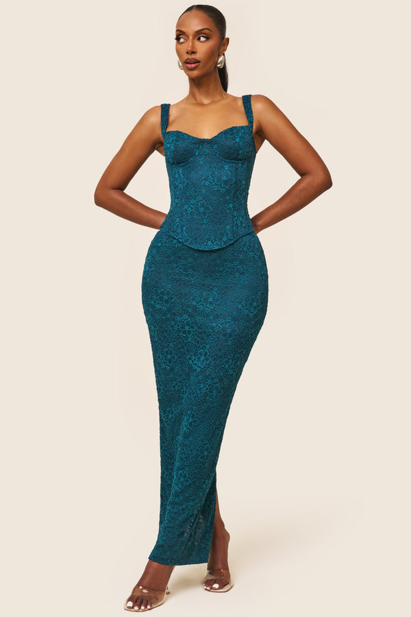 The Cinched Lace Maxi Skirt in Teal