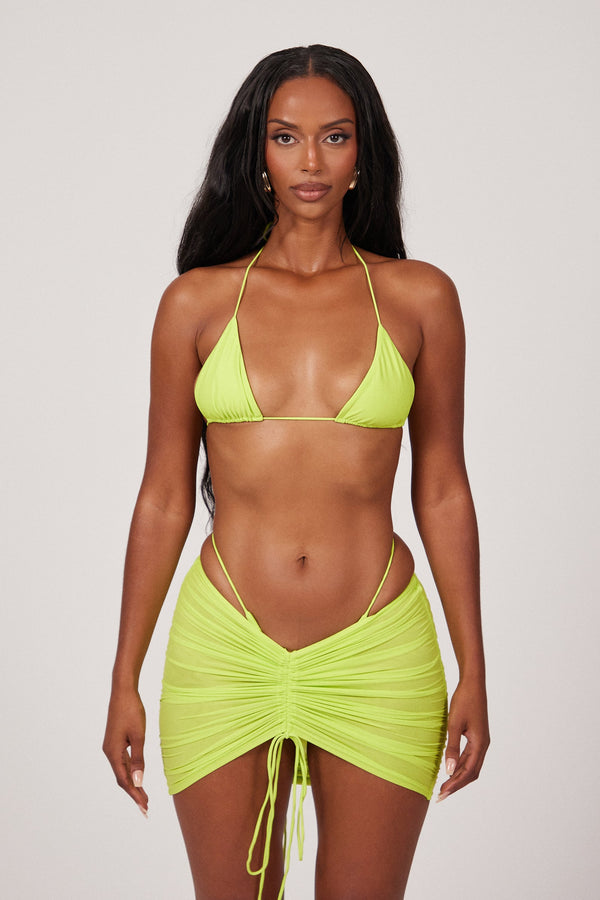 Mesh Ruched Coverup Skirt in Lime