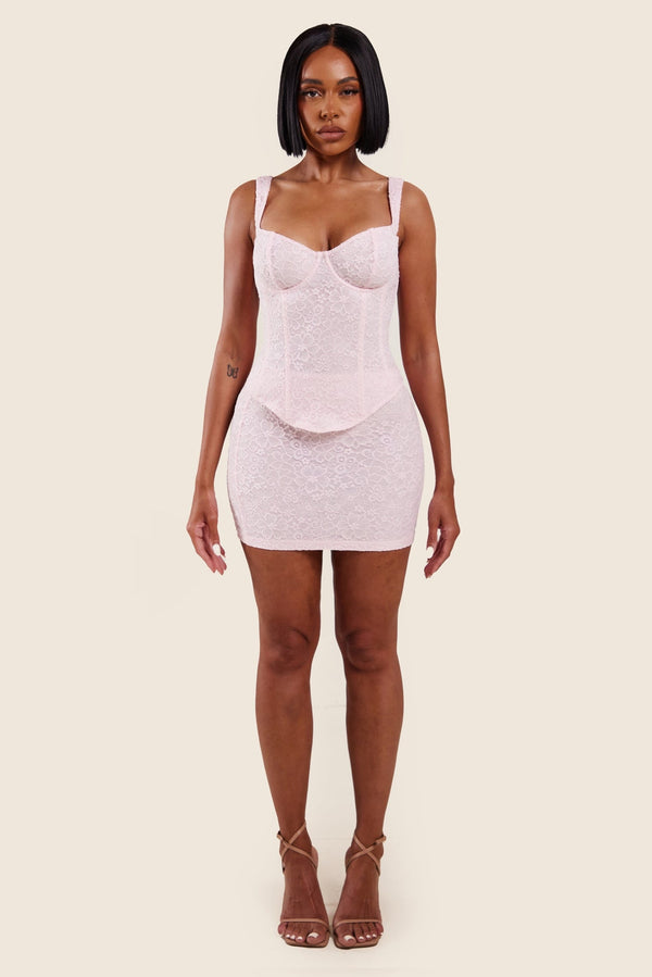 The Cinched Lace Corset Mini Set in Baby Pink
