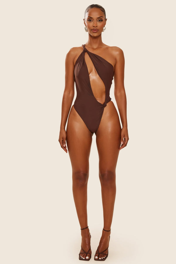 The Asymmetric Knot Detail Swimsuit in Brown