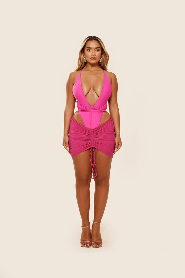 Mesh Ruched Coverup Skirt - Fuchsia
