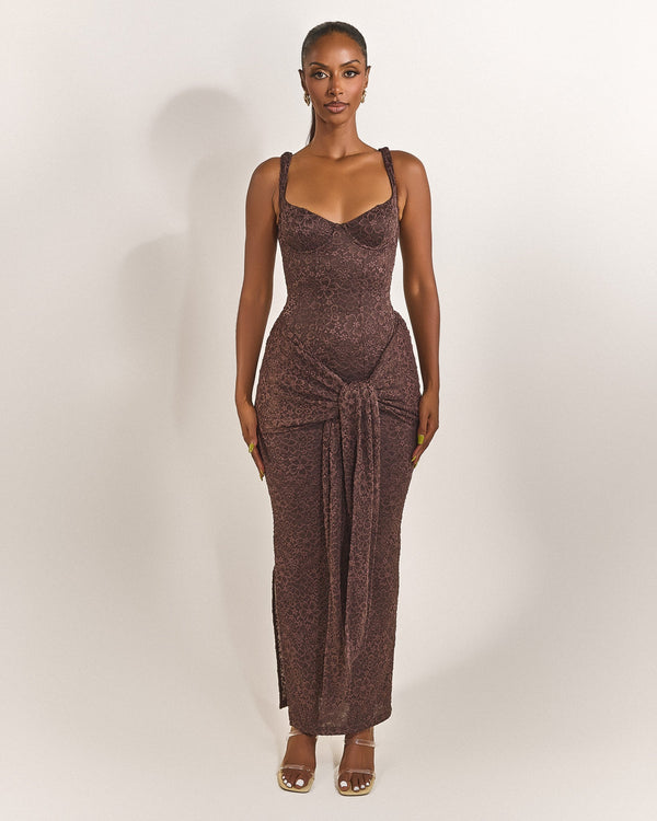 The Tie Front Maxi Dress in Brown