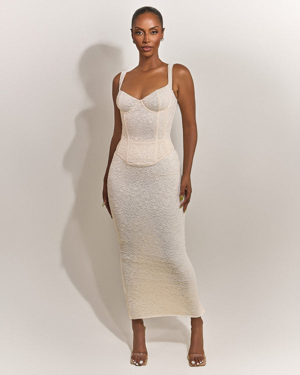 The Cinched Lace Maxi Set in Off White