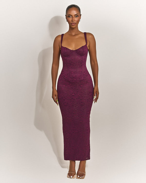 The Cinched Lace Maxi Skirt in Plum