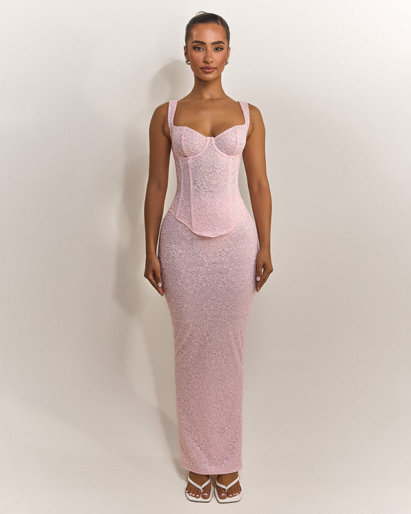 The Cinched Lace Corset Maxi Set in Baby Pink