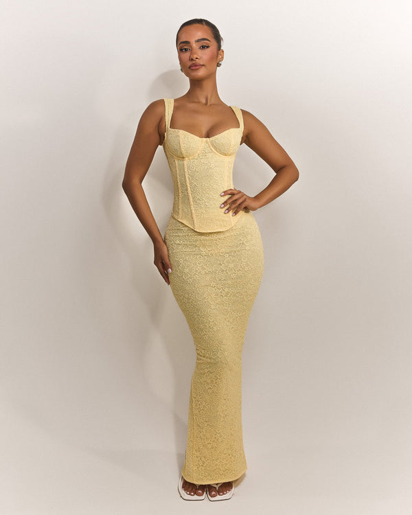 The Cinched Lace Corset Maxi Set in Yellow