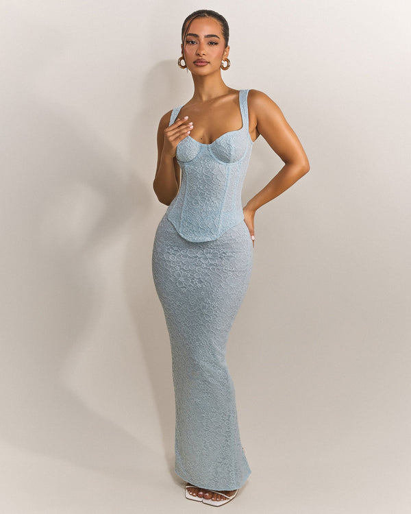 The Cinched Lace Corset Maxi Set in Blue